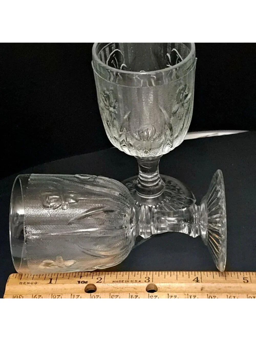 2 Jeanette Iris Port Wine Glasses 3oz Depression glass 1930s floral textured